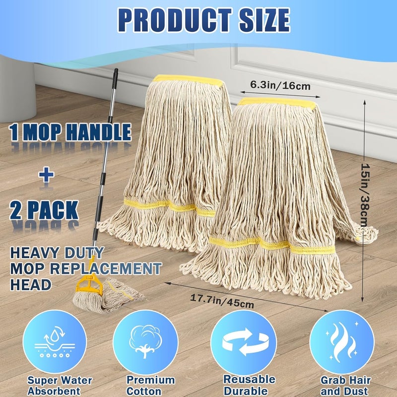 Hakfhsd 2 Pack 20ozCommercial Mop Heavy Duty Industril Cotton Mop, Cotton Commerical Industrial Grade Mop Replacements Heads for Home,mops for Floor Cleaning Heavy Duty,with 63'' Stainless Steel Mop Handle - Image 2